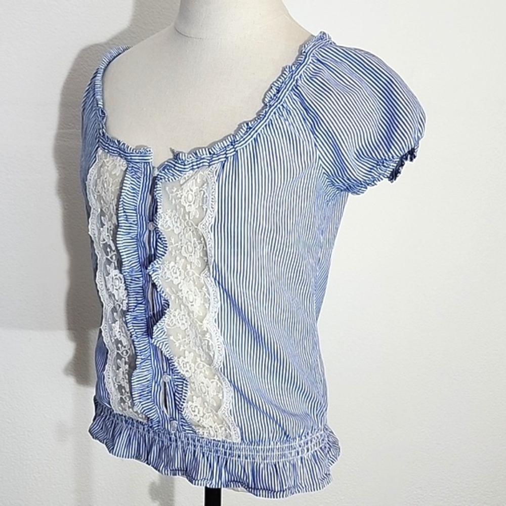 Forever 21 Blouse Y2KPeasant Ruffle Lace Partial Button Down Front Blue Size S - Picture 4 of 9